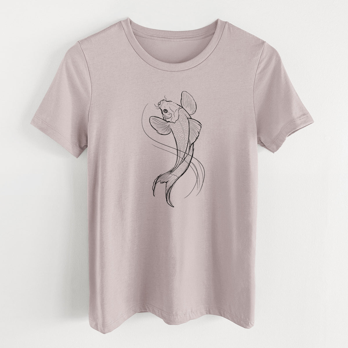 Pink gravel women's relaxed fit cotton t-shirt laid flat, printed with a black ink line drawing of a koi fish swimming with flowing fins.