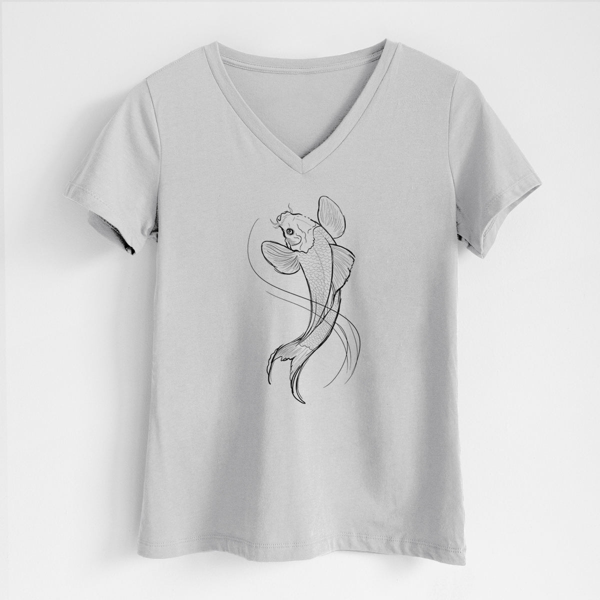 Lunar grey women's relaxed fit cotton V-neck t-shirt laid flat, printed with a black ink line drawing of a koi fish swimming with flowing fins.