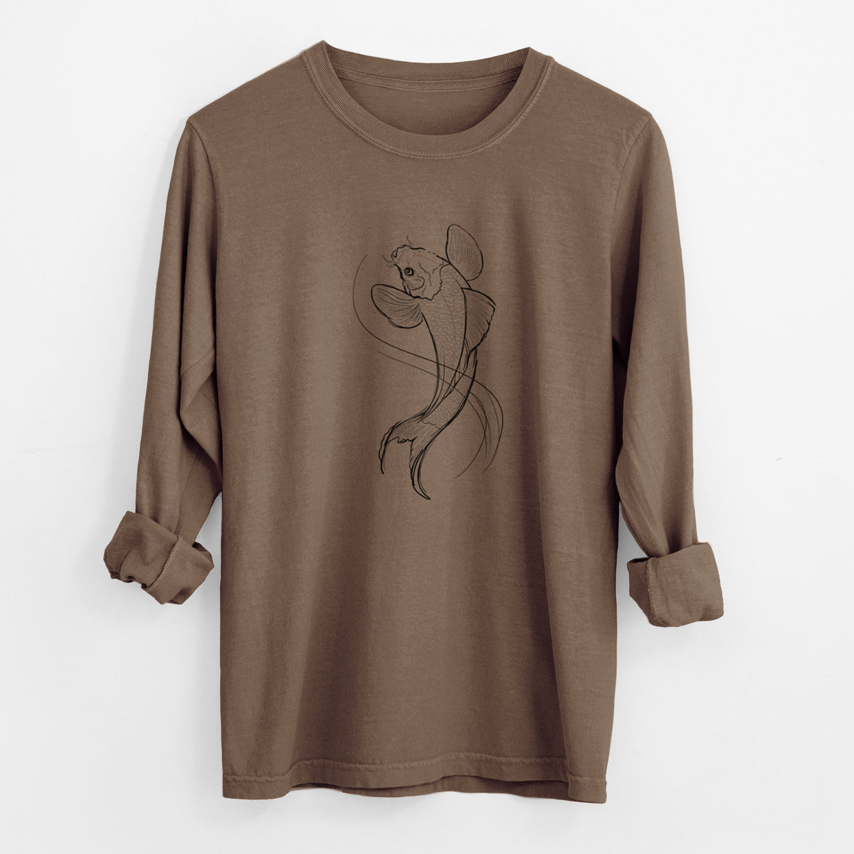 Espresso brown Comfort Colors long sleeve shirt laid flat with the cuffs rolled, printed with a black ink line drawing of a koi fish swimming with flowing fins.