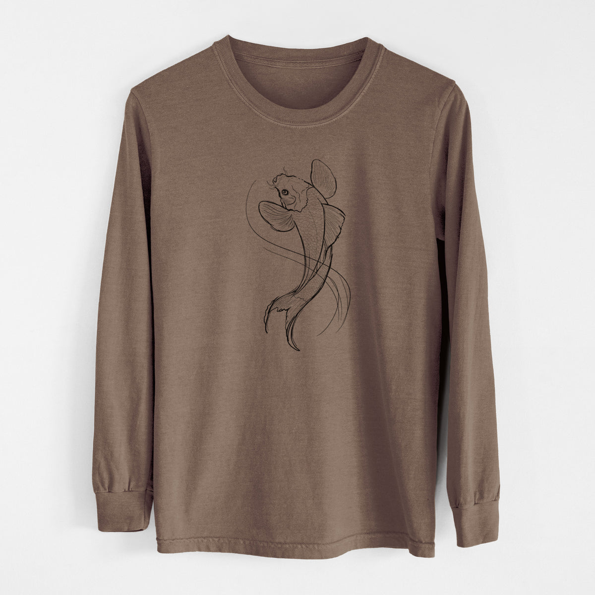 Espresso brown Comfort Colors long sleeve shirt laid flat, printed with a black ink line drawing of a koi fish swimming with flowing fins.