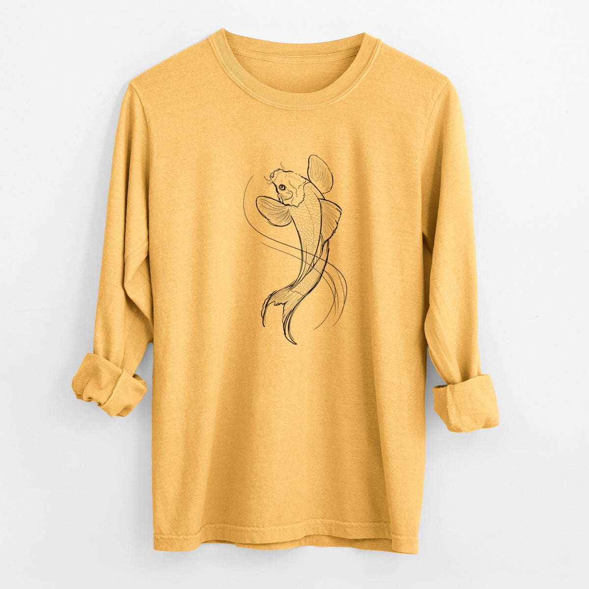 Golden wheat yellow Comfort Colors long sleeve shirt laid flat with the cuffs rolled, printed with a black ink line drawing of a koi fish swimming with flowing fins.