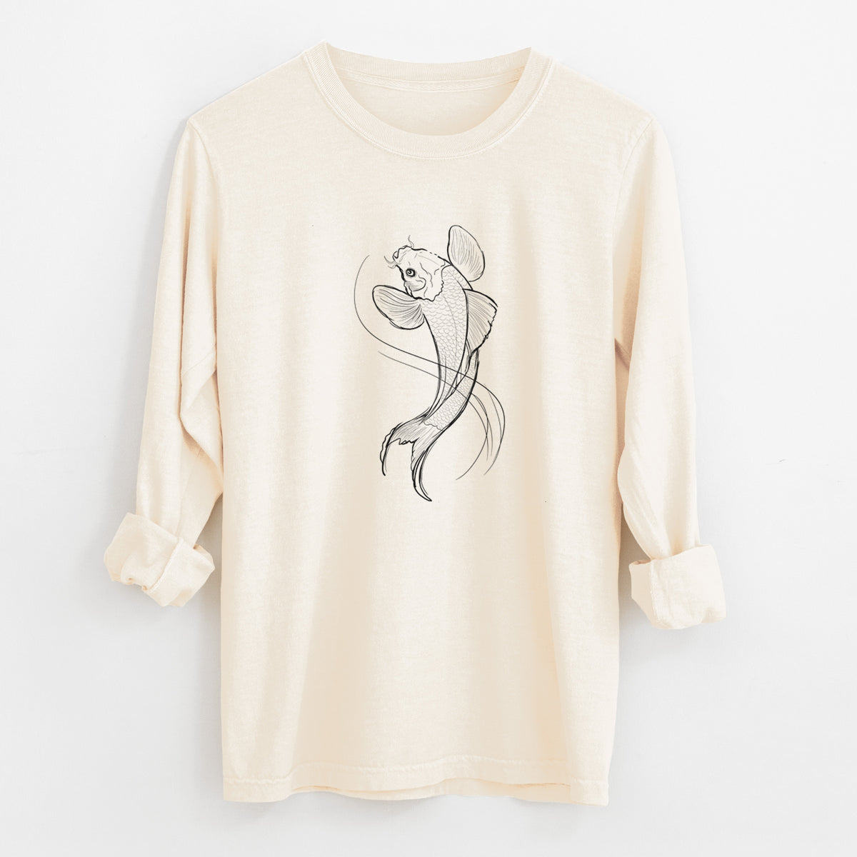 Ivory Comfort Colors long sleeve shirt laid flat with the cuffs rolled, printed with a black ink line drawing of a koi fish swimming with flowing fins.