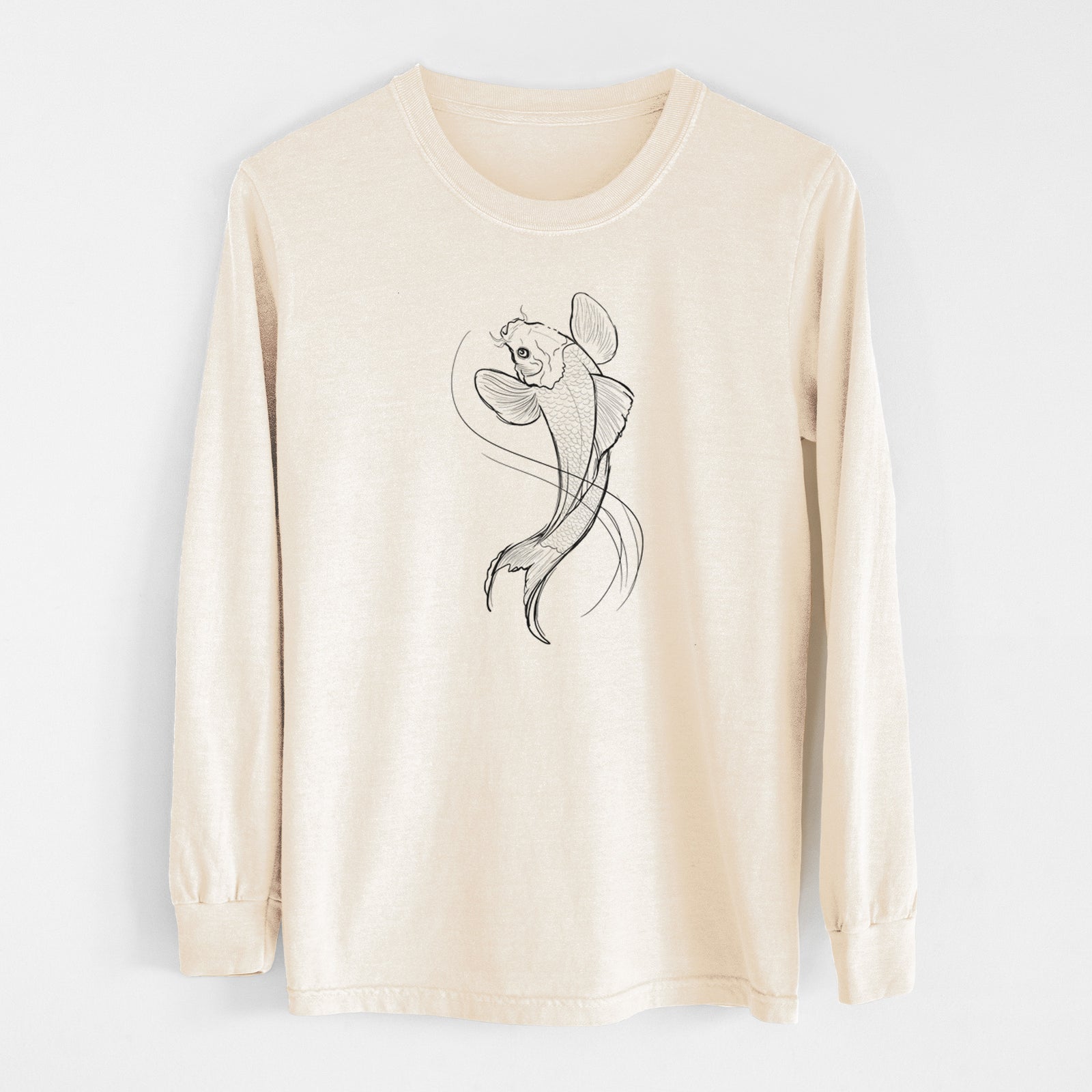 Ivory Comfort Colors long sleeve shirt laid flat, printed with a black ink line drawing of a koi fish swimming with flowing fins.