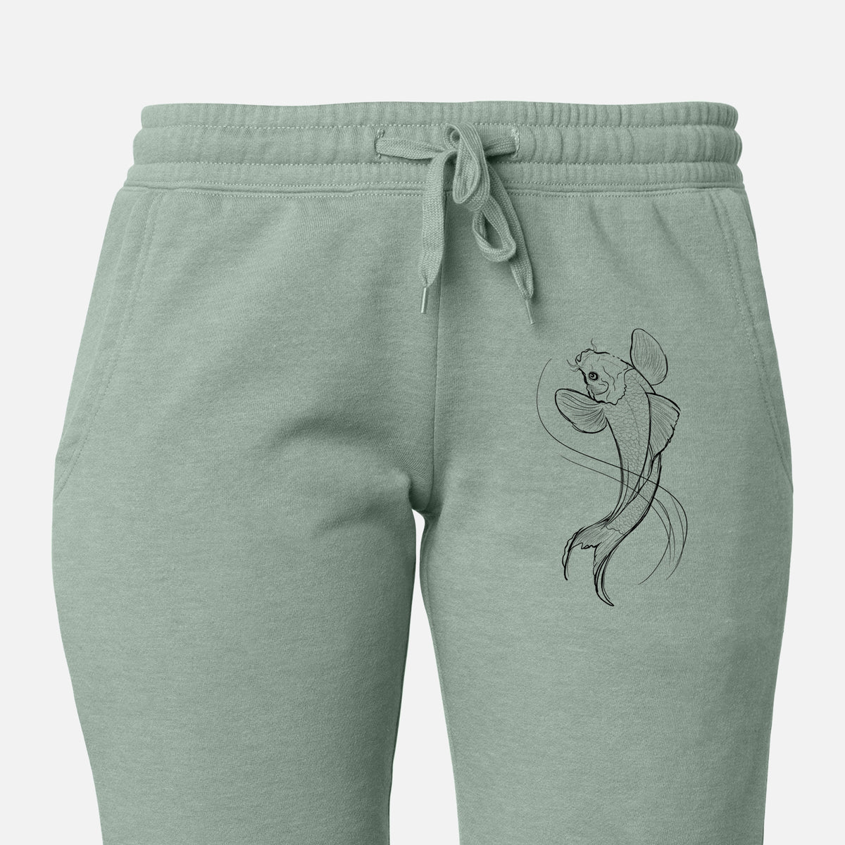 Front of sage green Cali Wave sweatpants, printed with a black ink line drawing of a koi fish swimming with flowing fins on the leg.