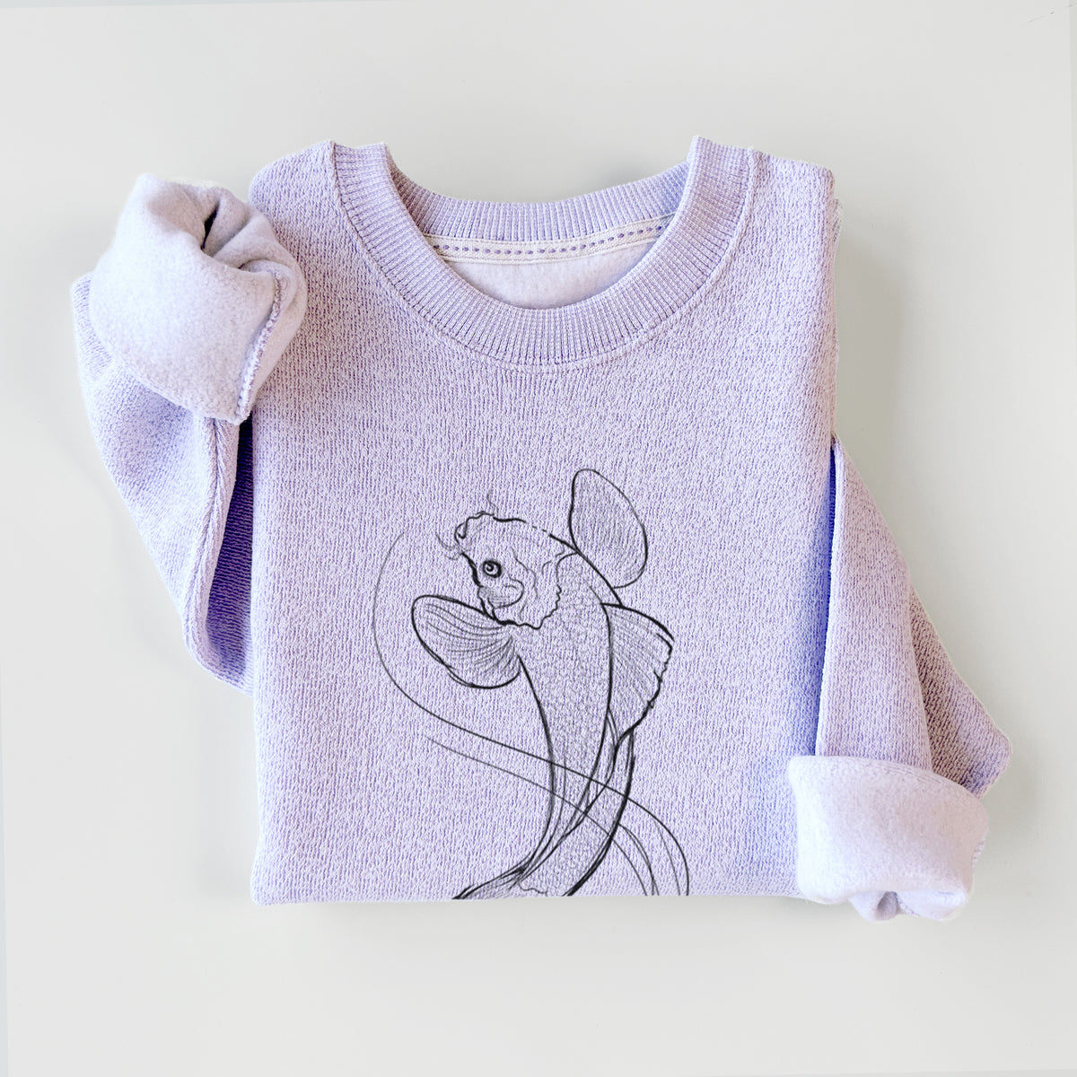 Ice purple knit sweatshirt printed with a black ink line drawing of a koi fish swimming with flowing fins, styled flat.