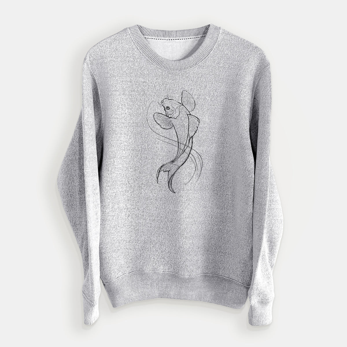 Salt and pepper knit sweatshirt laid flat, printed with a black ink line drawing of a koi fish swimming with flowing fins.