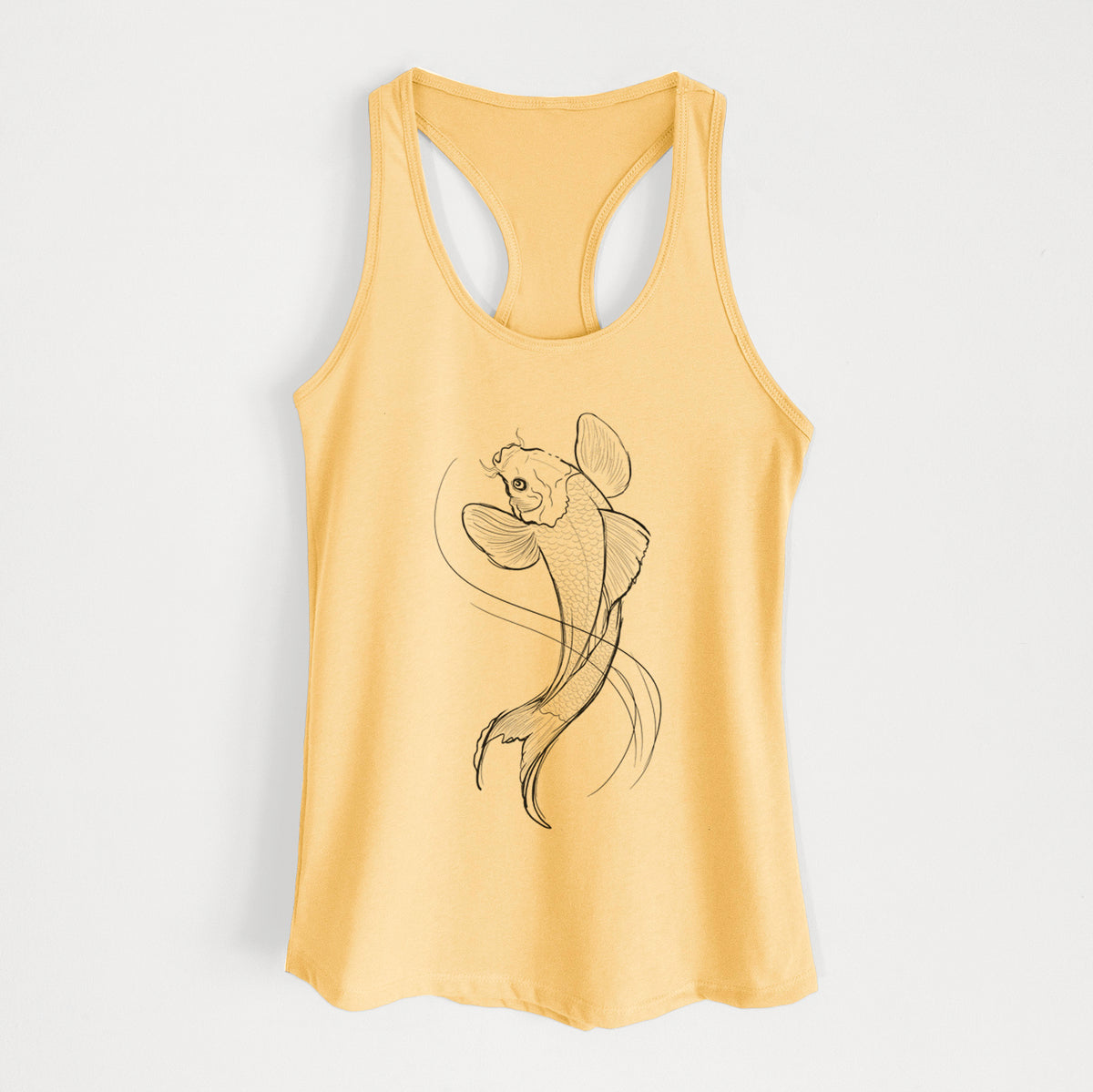 Banana cream women's racerback tank top laid flat, printed with a black ink line drawing of a koi fish swimming with flowing fins.