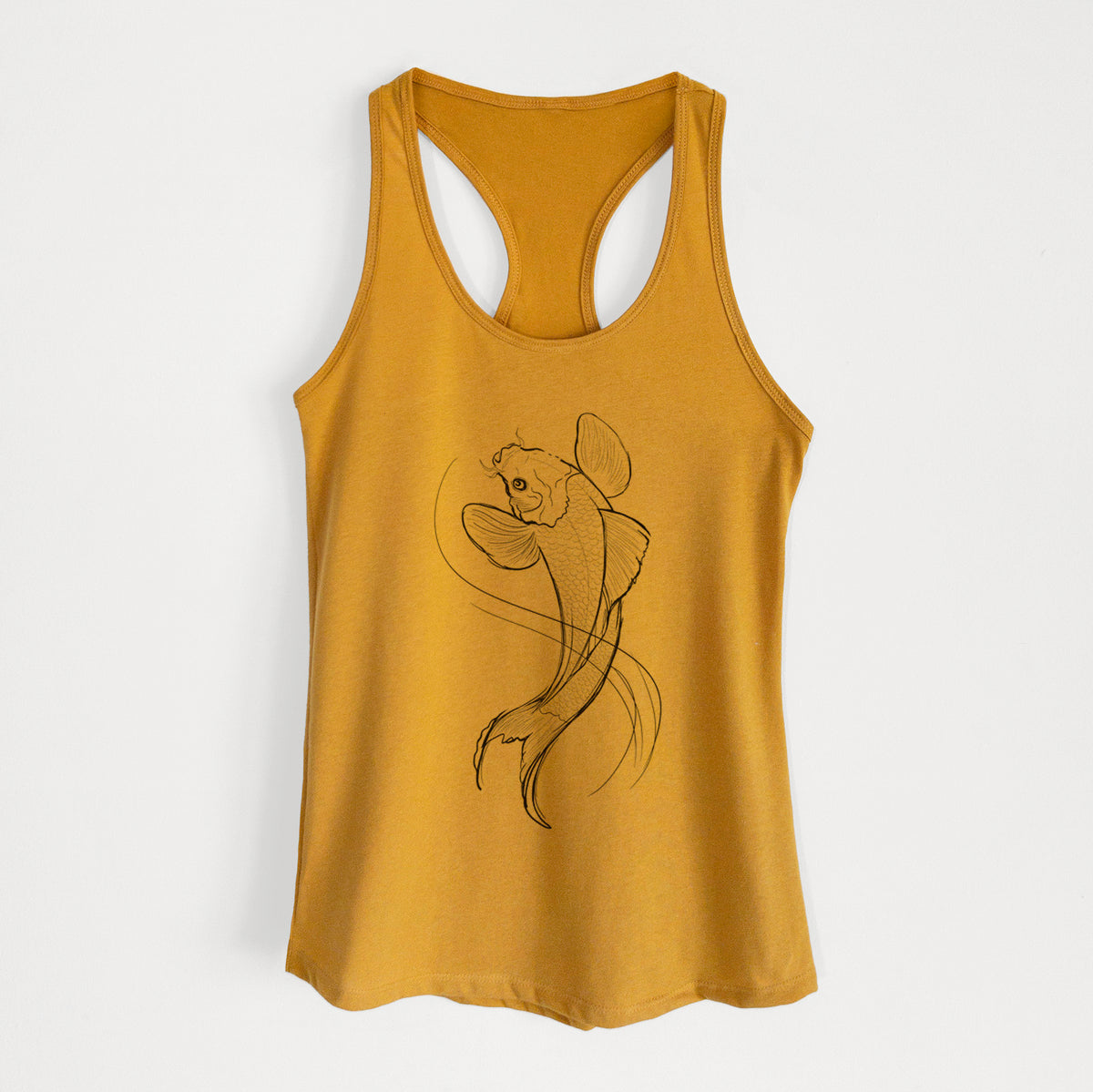 Gold women's racerback tank top laid flat, printed with a black ink line drawing of a koi fish swimming with flowing fins.