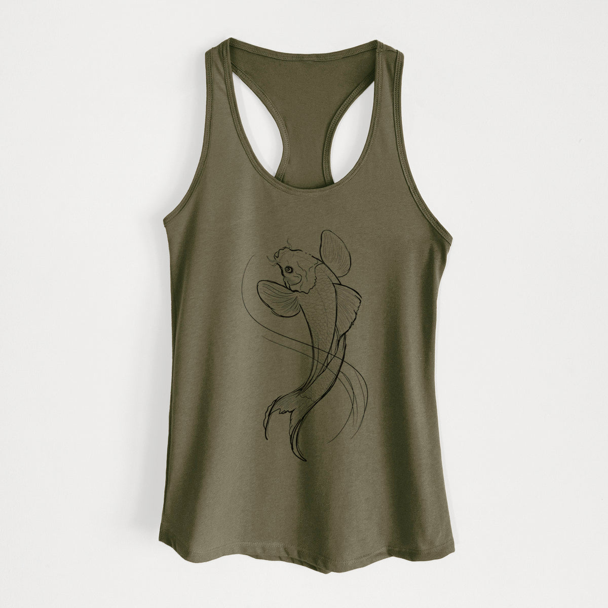 Military green women's racerback tank top laid flat, printed with a black ink line drawing of a koi fish swimming with flowing fins.