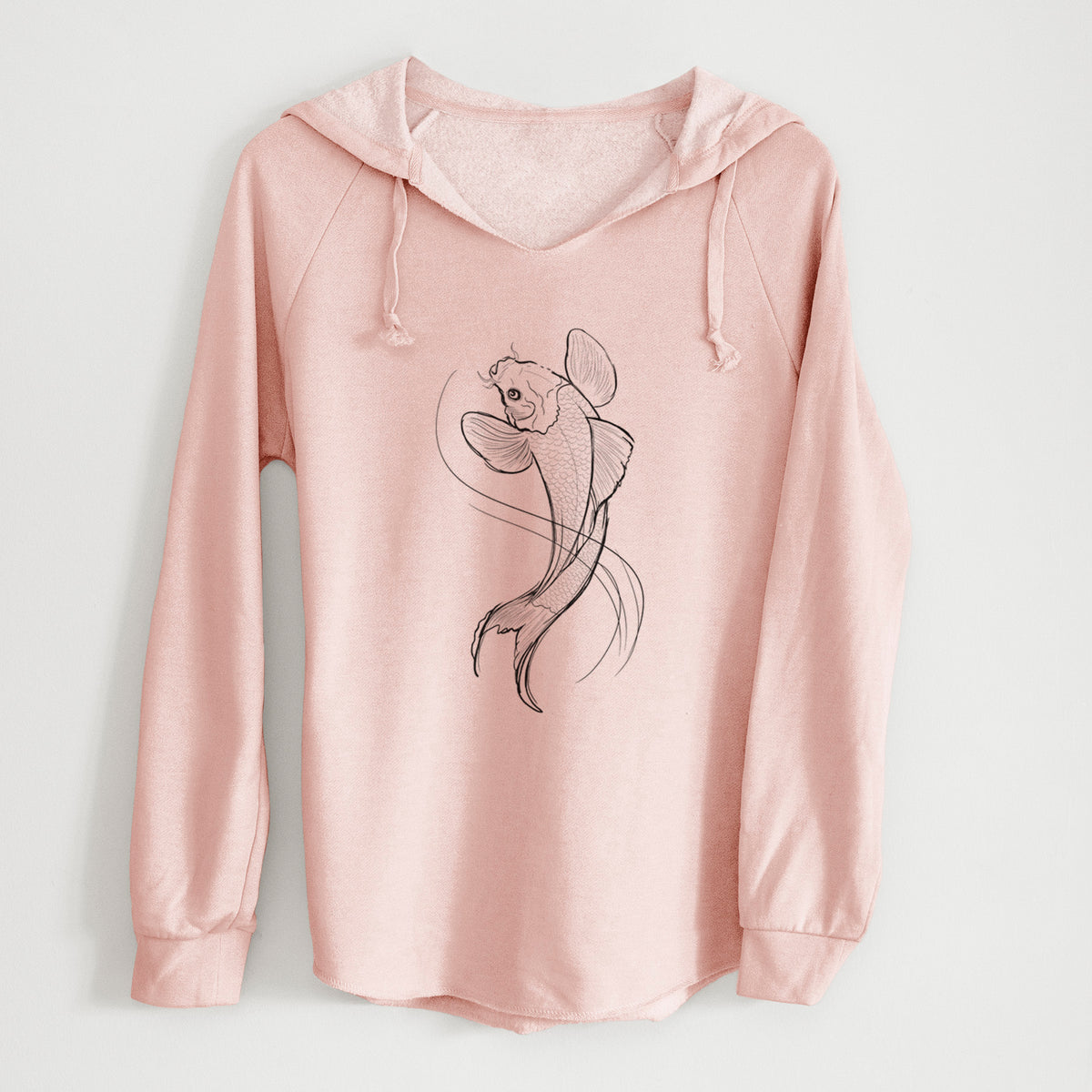 Blush pink women's Cali Wave hooded sweatshirt laid flat, printed with a black ink line drawing of a koi fish swimming with flowing fins.