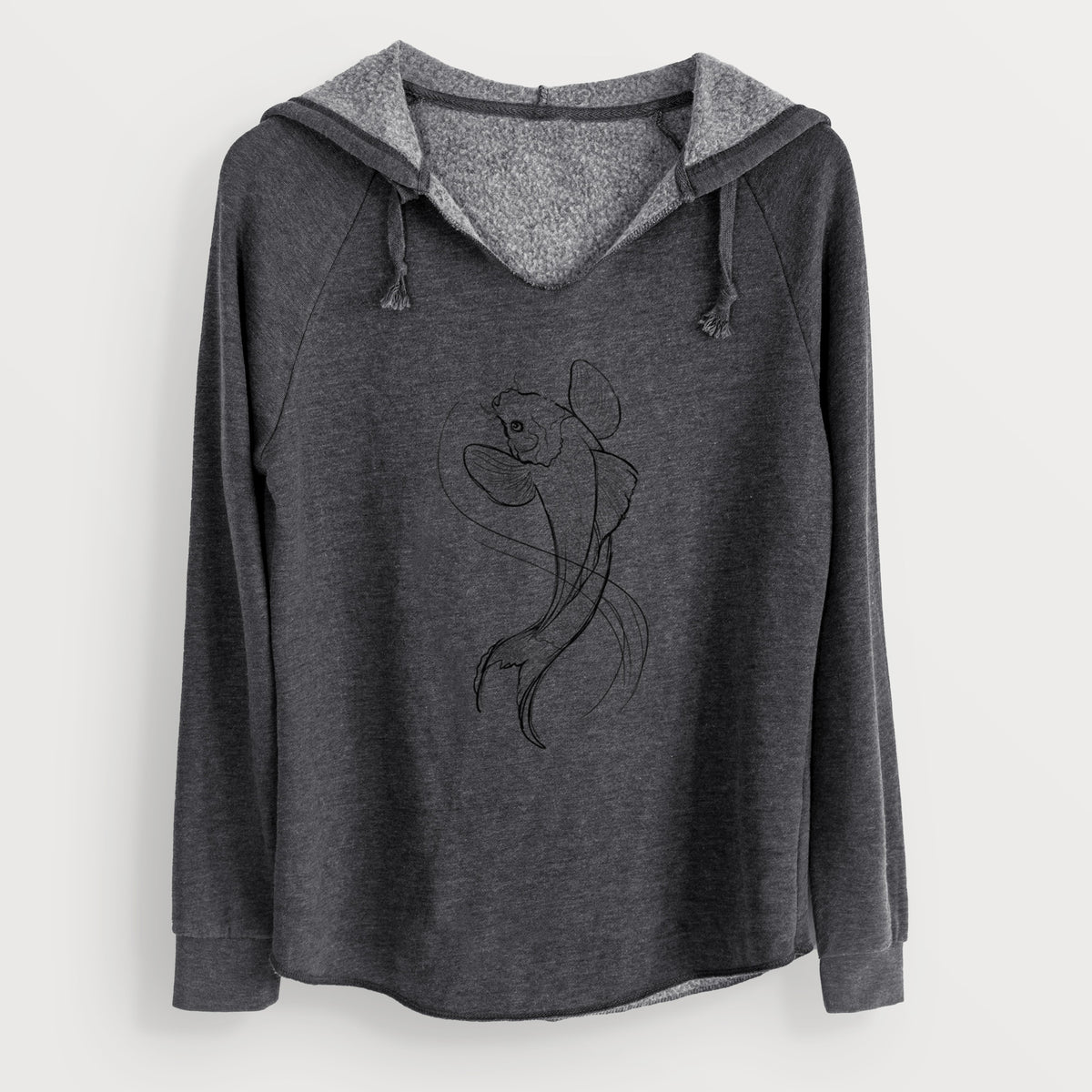 Charcoal grey women's Cali Wave hooded sweatshirt laid flat, printed with a black ink line drawing of a koi fish swimming with flowing fins.