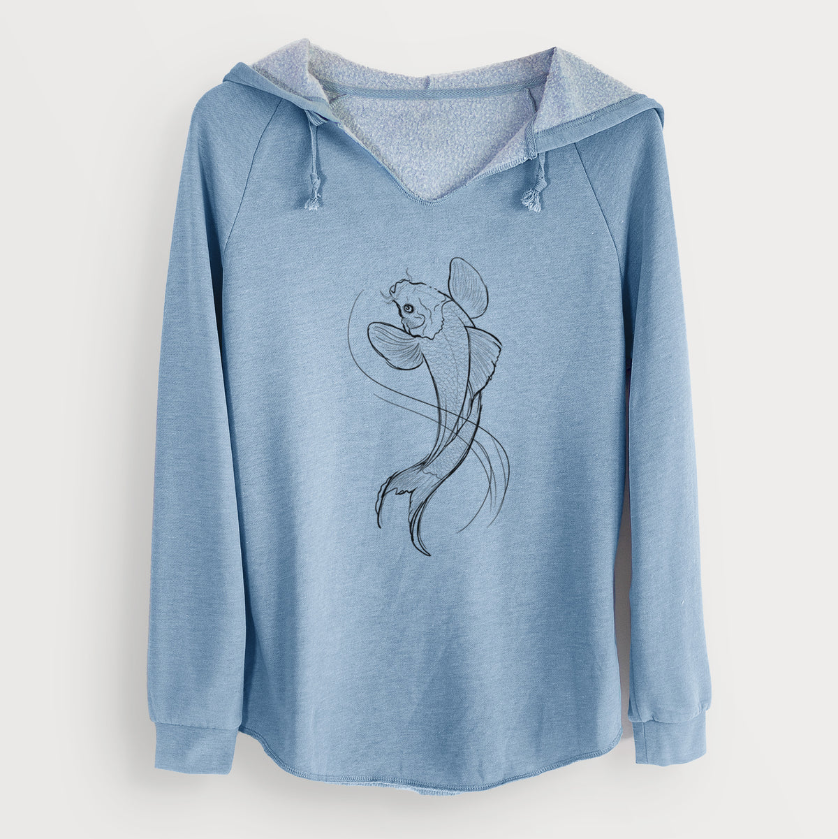 Misty blue women's Cali Wave hooded sweatshirt laid flat, printed with a black ink line drawing of a koi fish swimming with flowing fins.