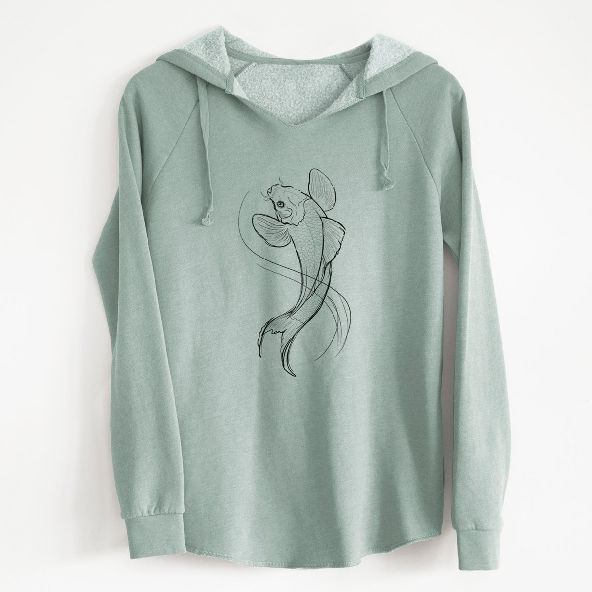 Sage green women's Cali Wave hooded sweatshirt laid flat, printed with a black ink line drawing of a koi fish swimming with flowing fins.