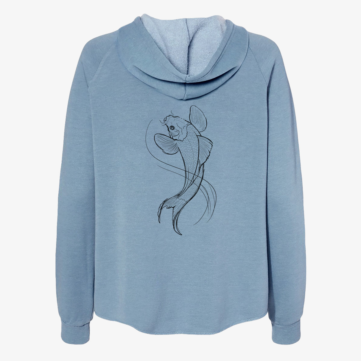 Misty blue women's Cali Wave zip-up sweatshirt laid flat, printed with a black ink line drawing of a koi fish swimming with flowing fins.