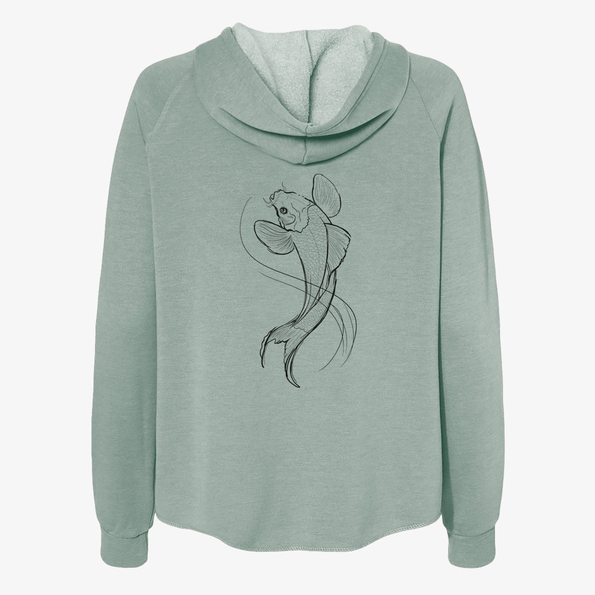 Sage green women's Cali Wave zip-up sweatshirt laid flat, printed with a black ink line drawing of a koi fish swimming with flowing fins.