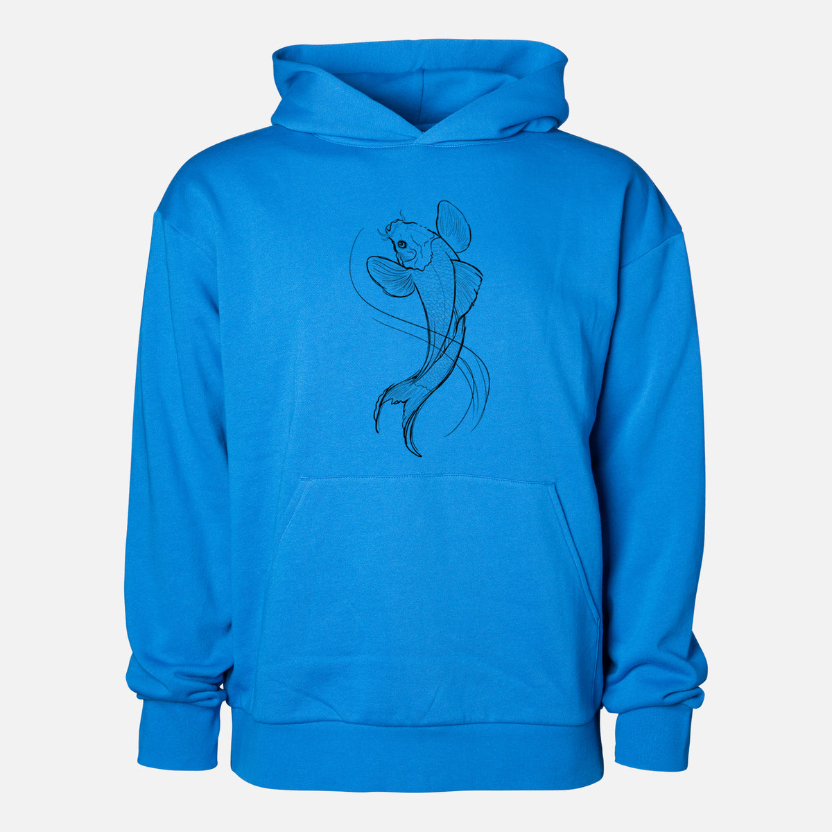Koi Fish - Cyprinus rubrofuscus - Statement Midweight Hoodie in Azure Blue, shown from the front with the design printed on the chest above a front kangaroo pocket.
