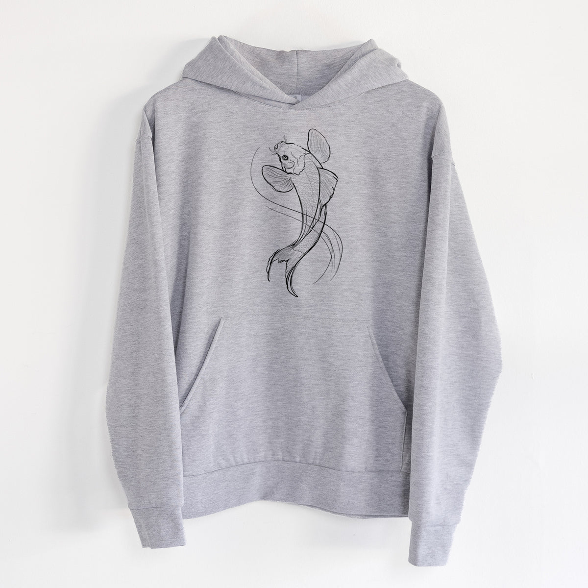 Koi Fish - Cyprinus rubrofuscus - Statement Midweight Hoodie in Heather Grey, hanging on a white wall, with a front kangaroo pocket and no drawcords.