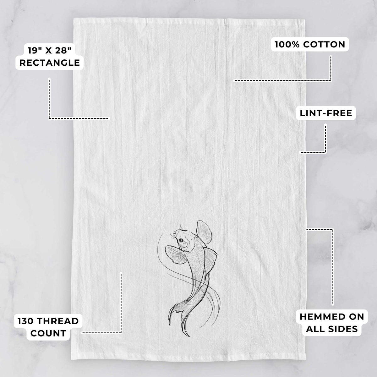 White tea towel printed with a black ink line drawing of a koi fish swimming with flowing fins, with feature labels: 19 by 28 inch rectangle, 100% cotton, lint-free, 130 thread count, hemmed on all sides.