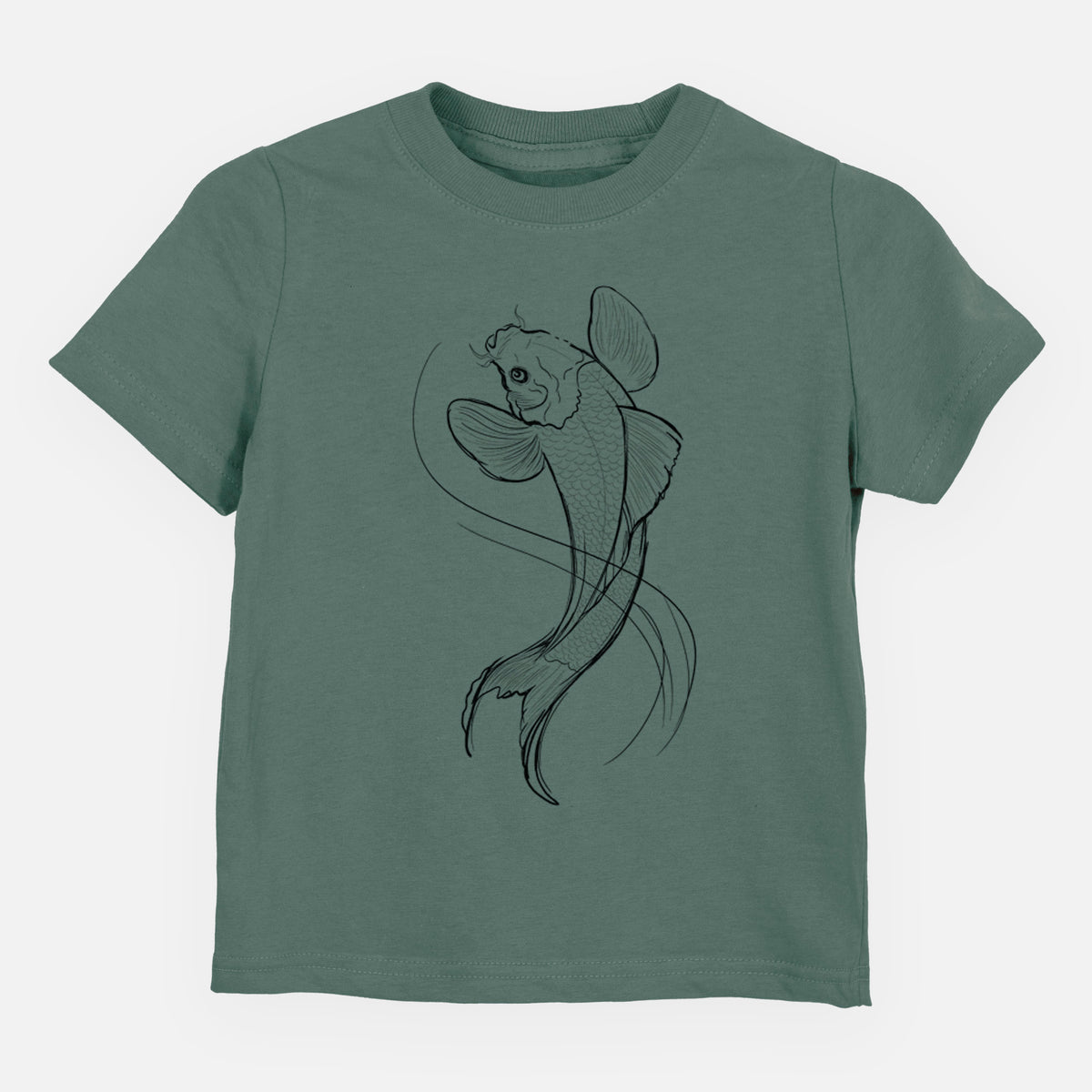 Basil green toddler t-shirt laid flat, printed with a black ink line drawing of a koi fish swimming with flowing fins.