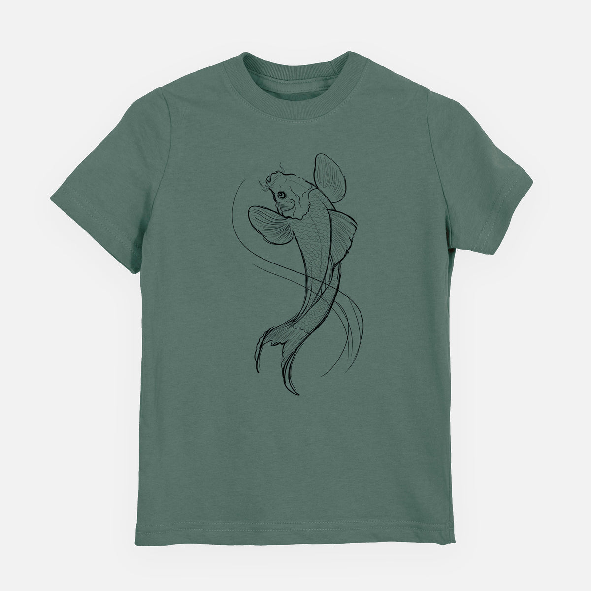 Basil green youth t-shirt laid flat, printed with a black ink line drawing of a koi fish swimming with flowing fins.