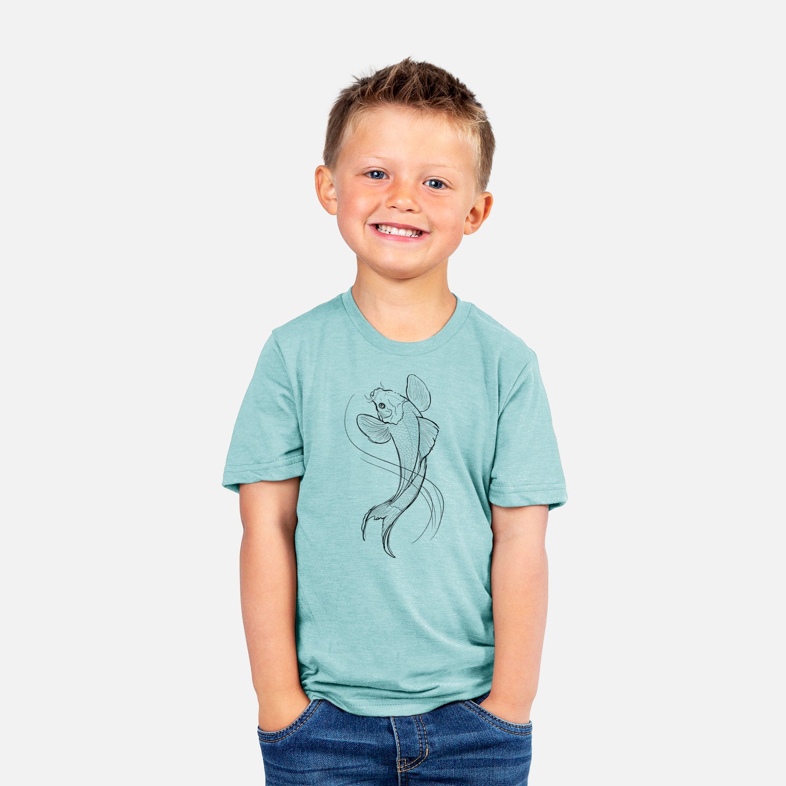 Two youth t-shirts in different colors on hangers, printed with a black ink line drawing of a koi fish swimming with flowing fins.