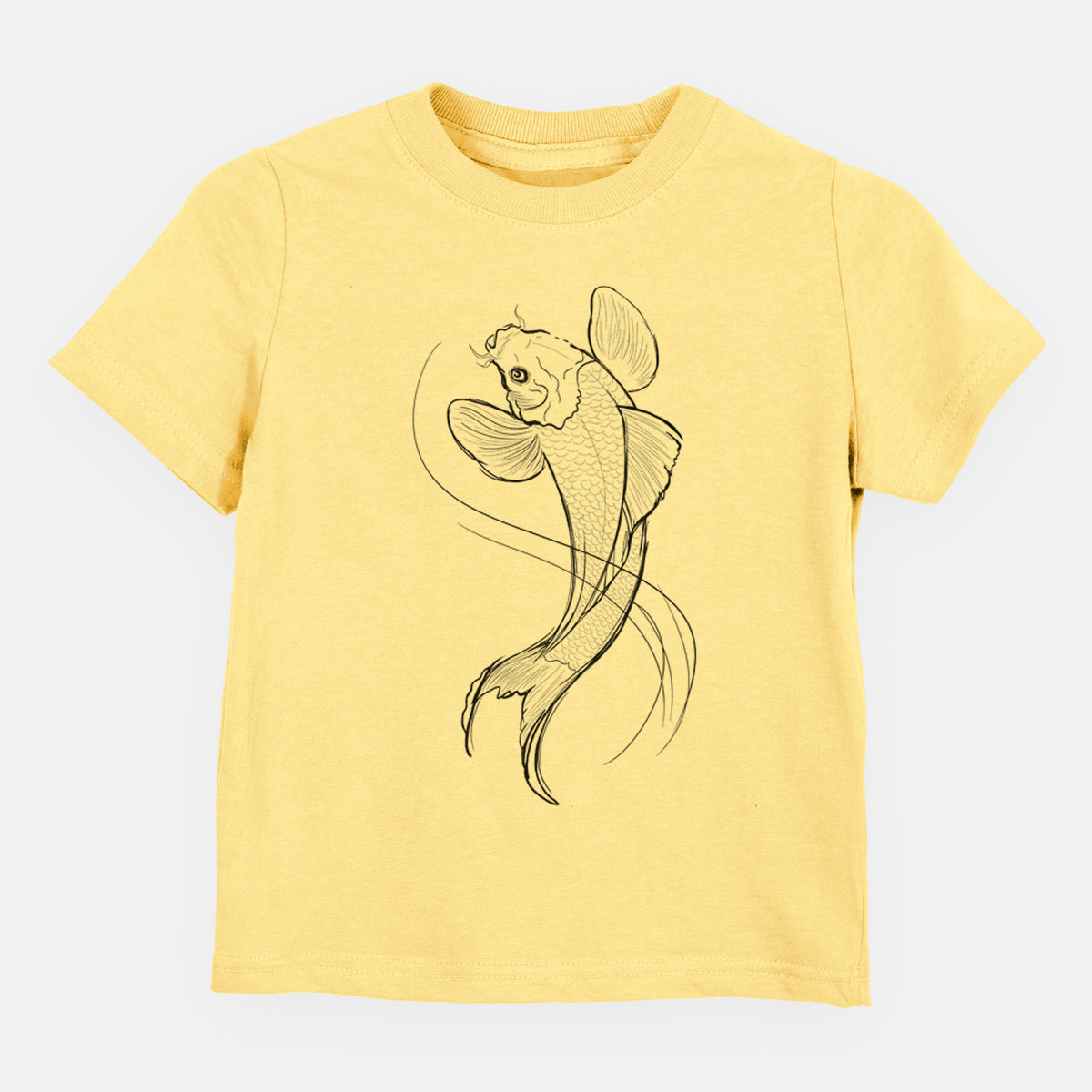Butter yellow toddler t-shirt laid flat, printed with a black ink line drawing of a koi fish swimming with flowing fins.