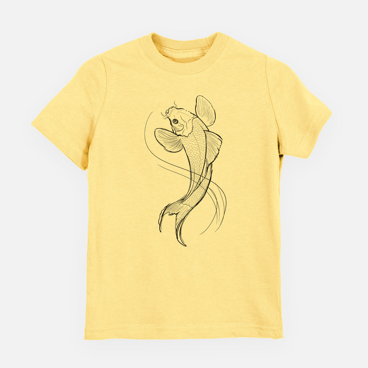 Butter yellow youth t-shirt laid flat, printed with a black ink line drawing of a koi fish swimming with flowing fins.