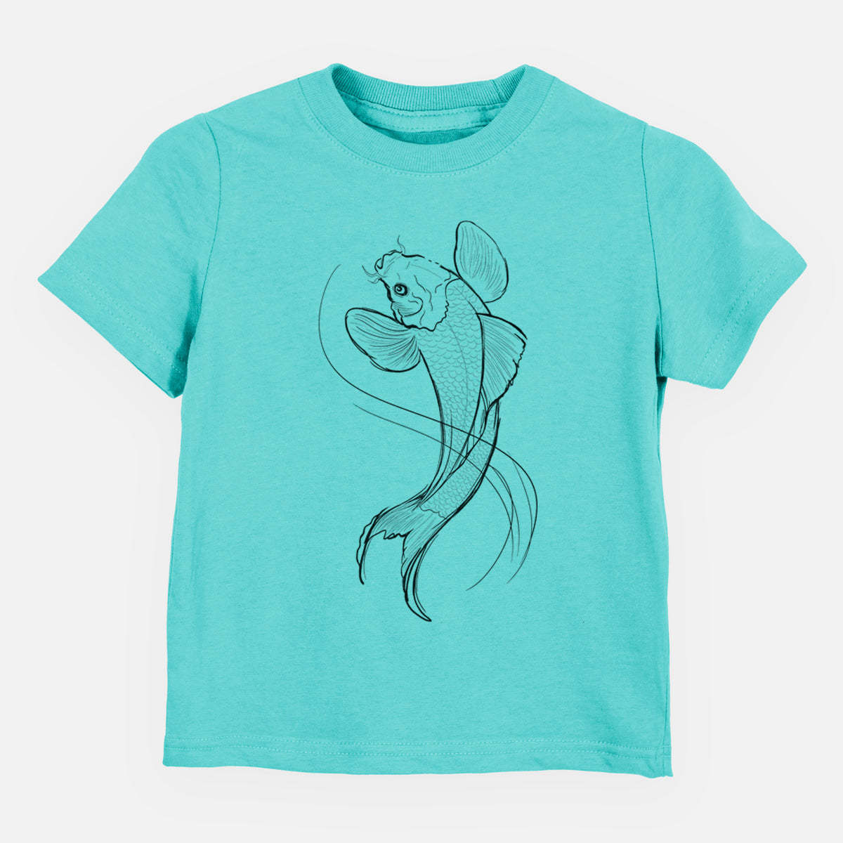 Caribbean blue toddler t-shirt laid flat, printed with a black ink line drawing of a koi fish swimming with flowing fins.