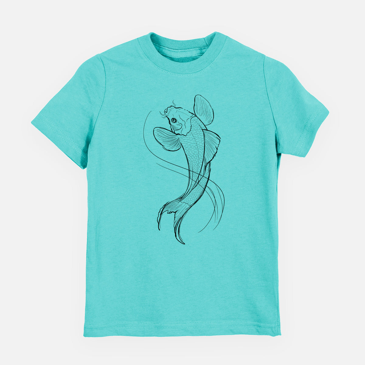 Caribbean blue youth t-shirt laid flat, printed with a black ink line drawing of a koi fish swimming with flowing fins.
