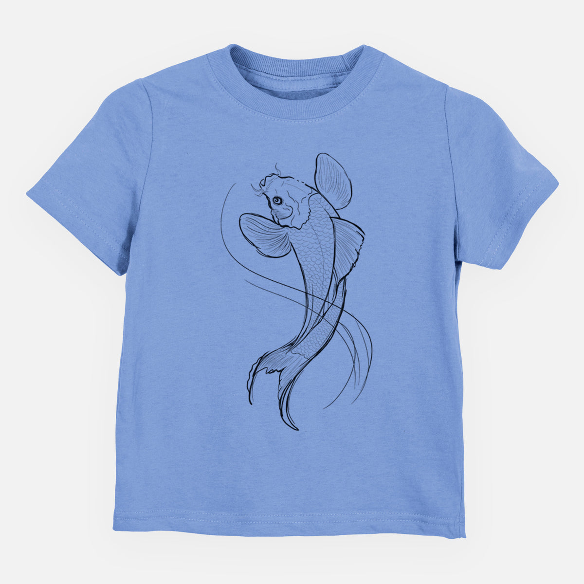 Carolina blue toddler t-shirt laid flat, printed with a black ink line drawing of a koi fish swimming with flowing fins.