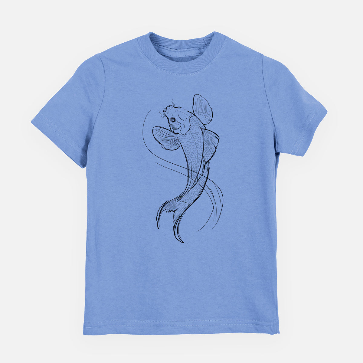 Carolina blue youth t-shirt laid flat, printed with a black ink line drawing of a koi fish swimming with flowing fins.