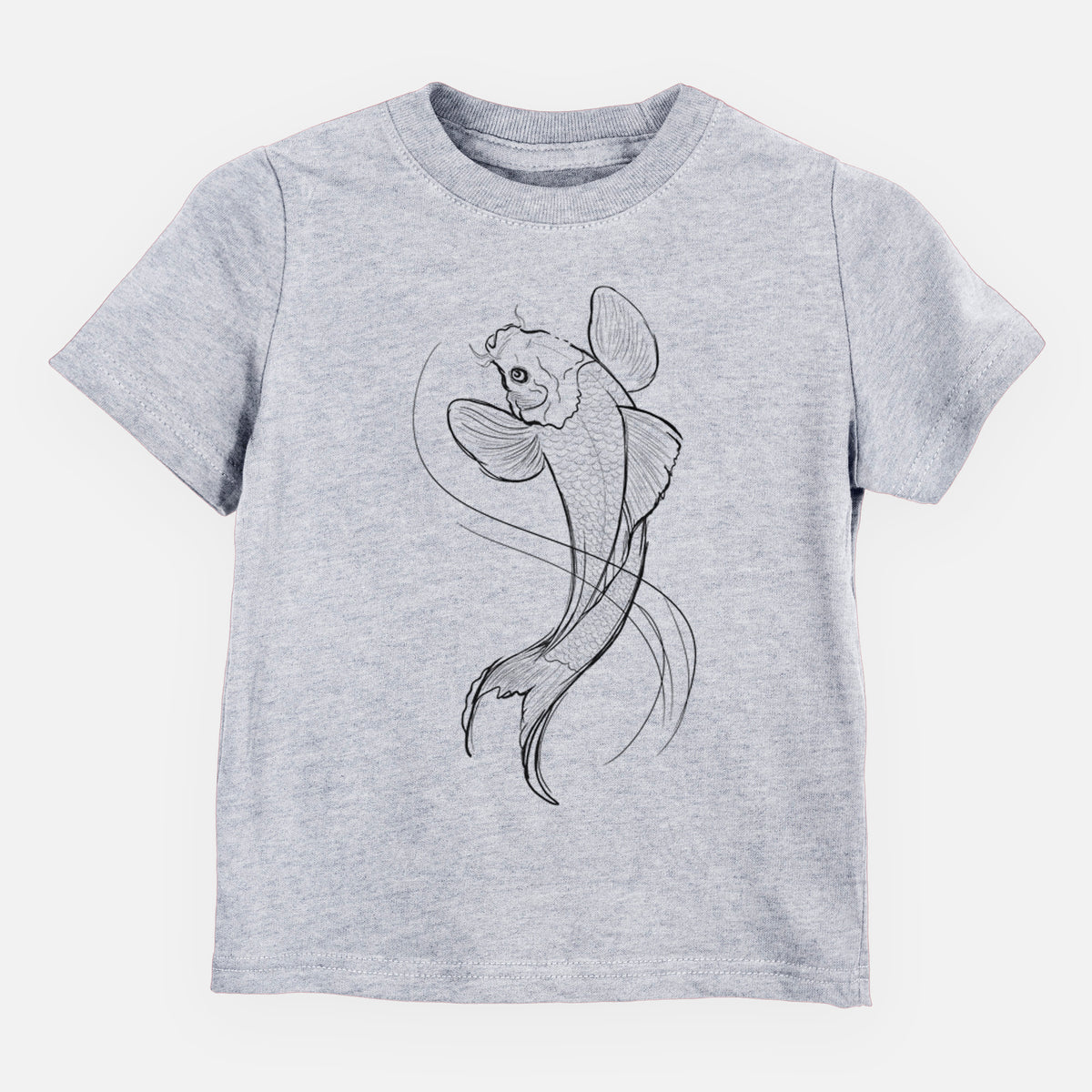 Heather grey toddler t-shirt laid flat, printed with a black ink line drawing of a koi fish swimming with flowing fins.