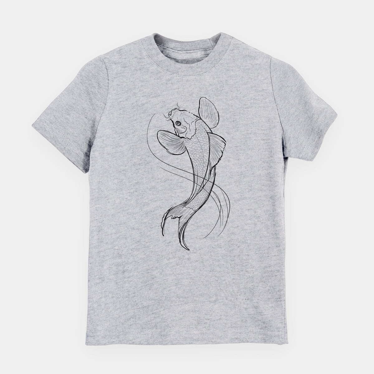 Heather grey youth t-shirt laid flat, printed with a black ink line drawing of a koi fish swimming with flowing fins.
