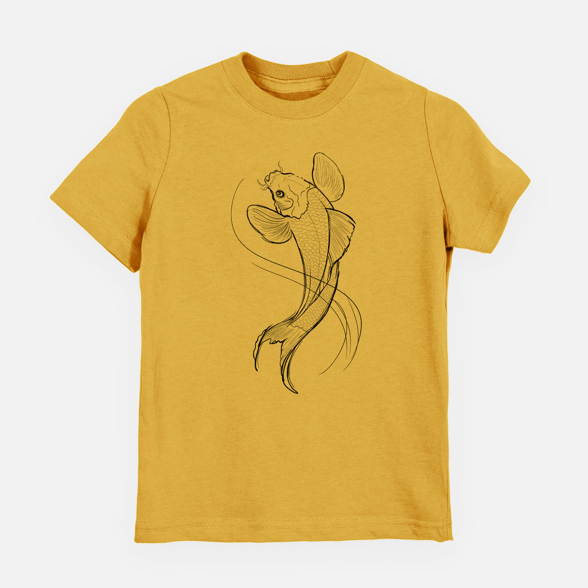 Honeycomb yellow youth t-shirt laid flat, printed with a black ink line drawing of a koi fish swimming with flowing fins.