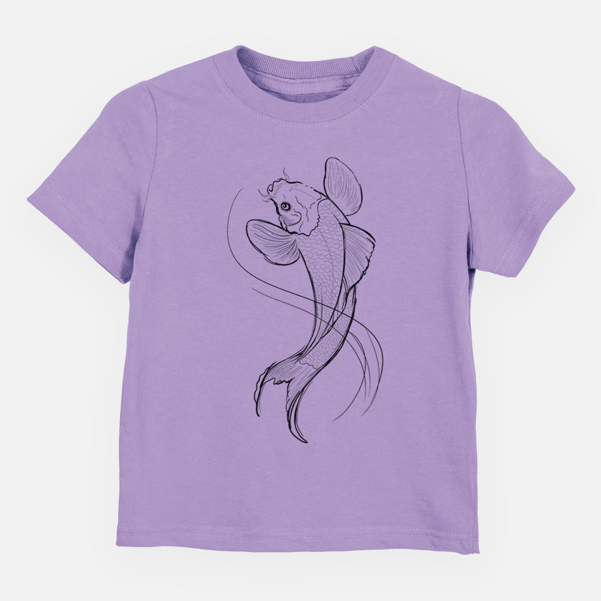 Lavender toddler t-shirt laid flat, printed with a black ink line drawing of a koi fish swimming with flowing fins.