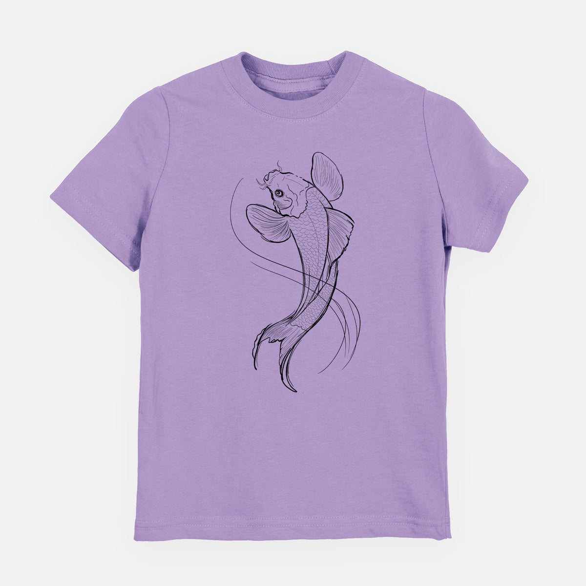 Lavender youth t-shirt laid flat, printed with a black ink line drawing of a koi fish swimming with flowing fins.
