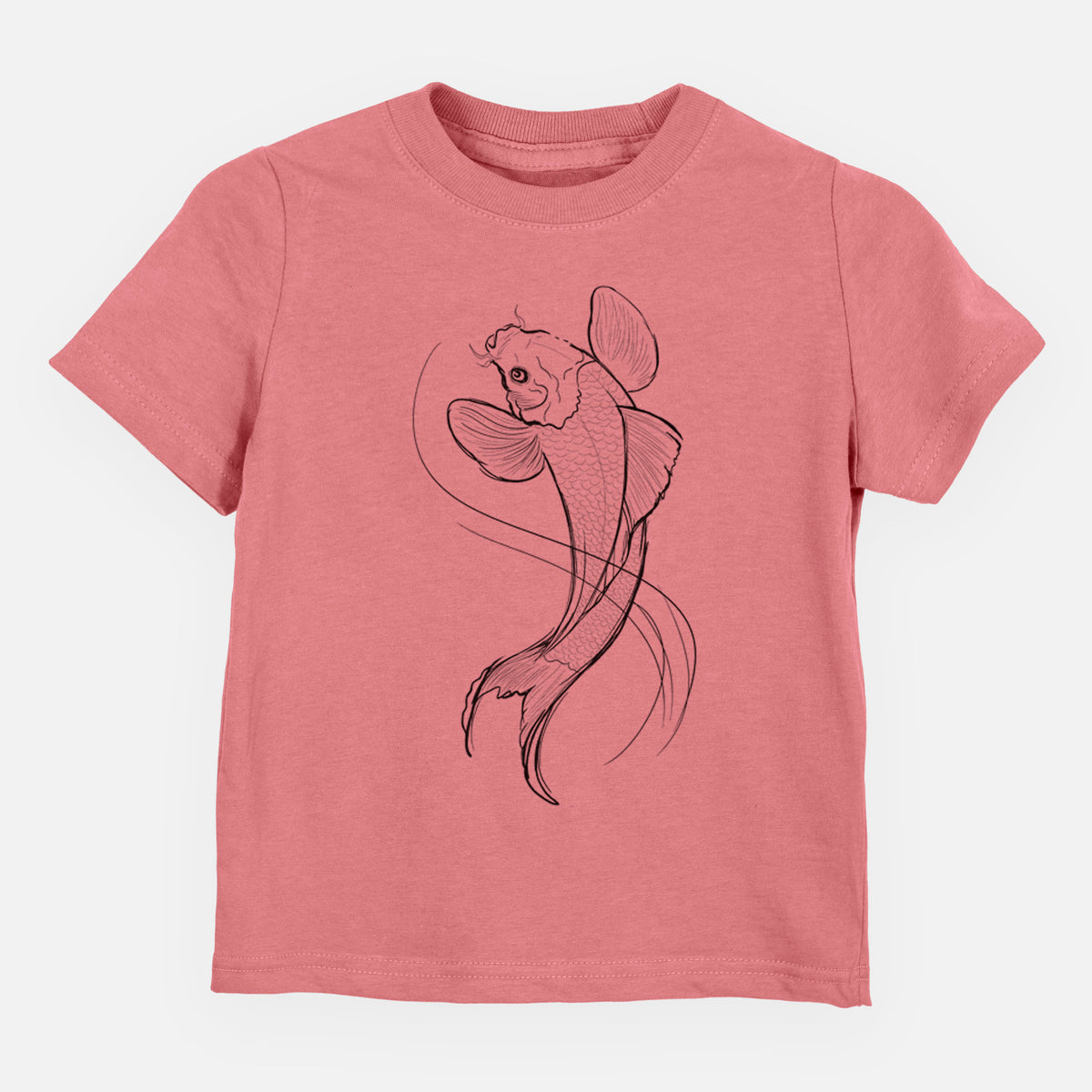 Mauve pink toddler t-shirt laid flat, printed with a black ink line drawing of a koi fish swimming with flowing fins.
