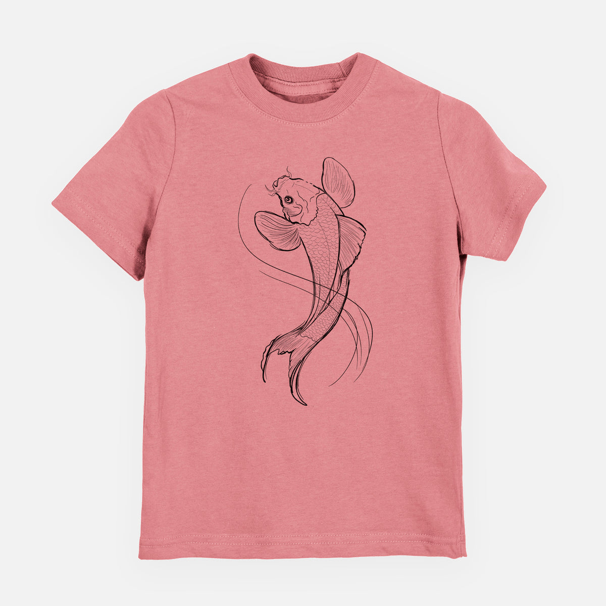 Mauve pink youth t-shirt laid flat, printed with a black ink line drawing of a koi fish swimming with flowing fins.