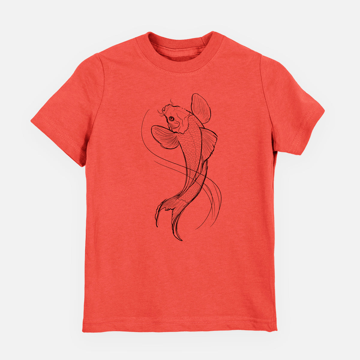 Passionfruit pink youth t-shirt laid flat, printed with a black ink line drawing of a koi fish swimming with flowing fins.