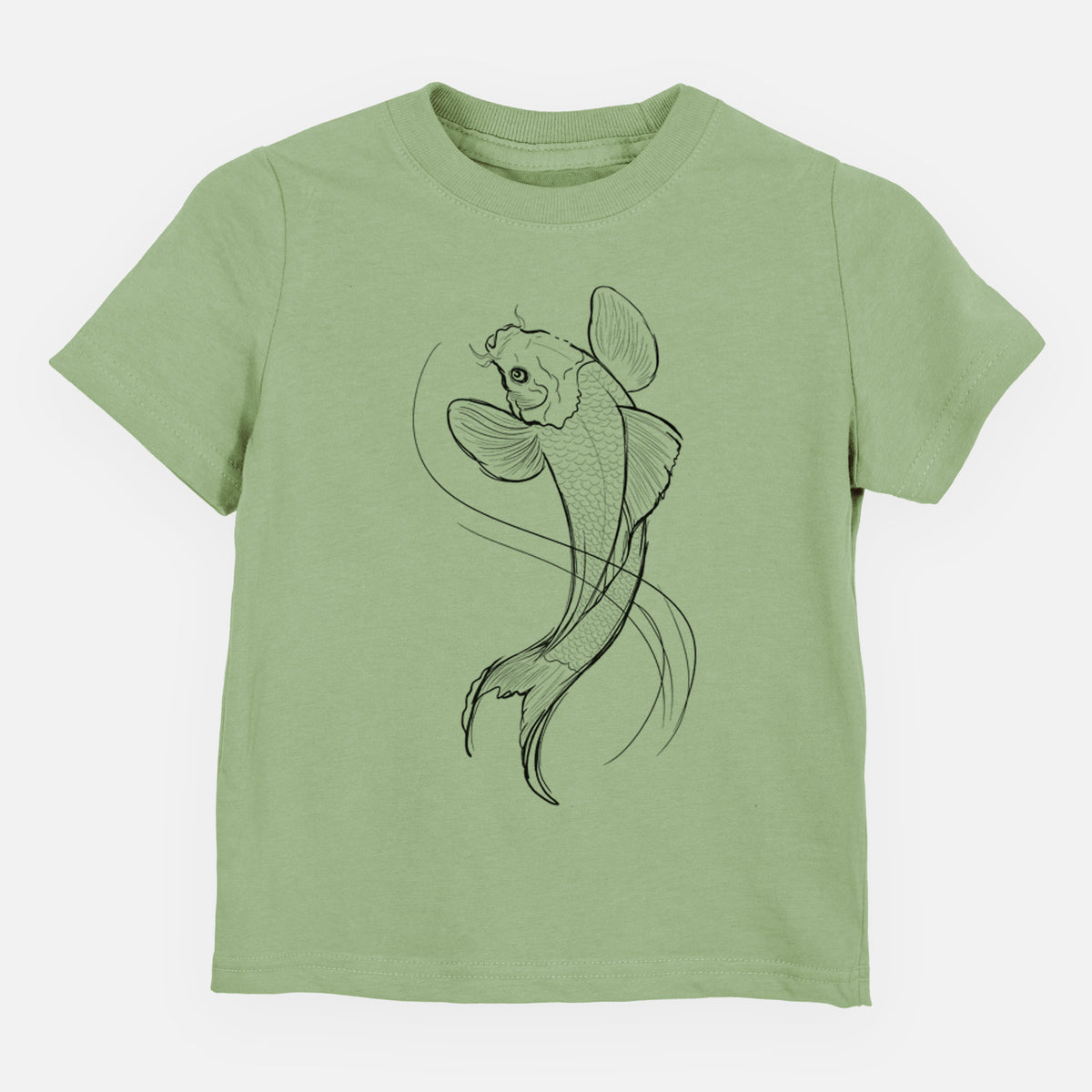 Sage green toddler t-shirt laid flat, printed with a black ink line drawing of a koi fish swimming with flowing fins.