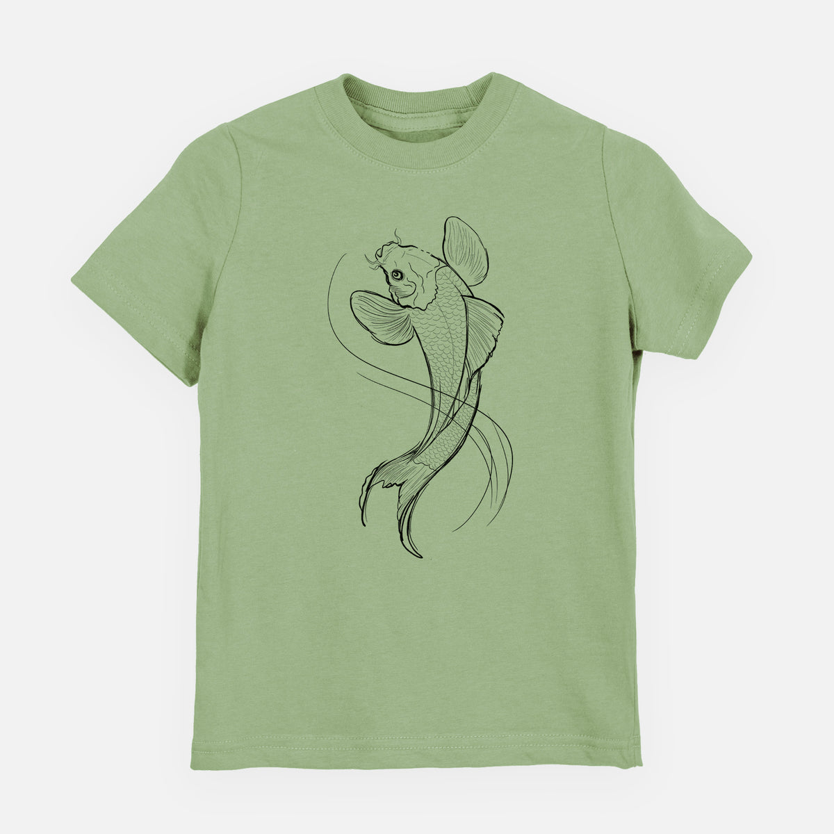 Sage green youth t-shirt laid flat, printed with a black ink line drawing of a koi fish swimming with flowing fins.