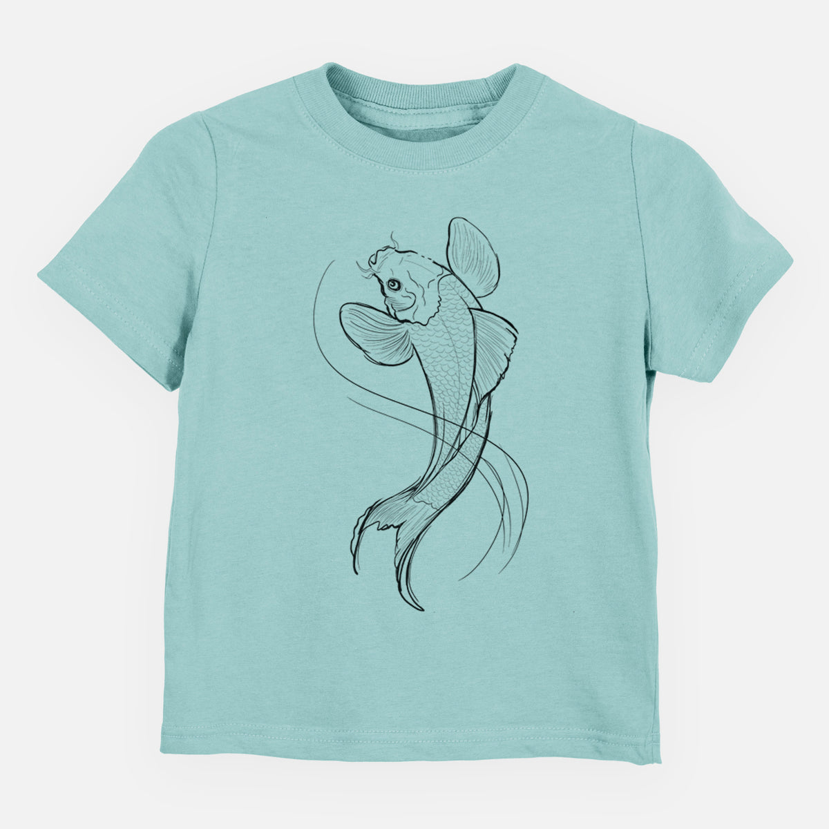Saltwater toddler t-shirt laid flat, printed with a black ink line drawing of a koi fish swimming with flowing fins.