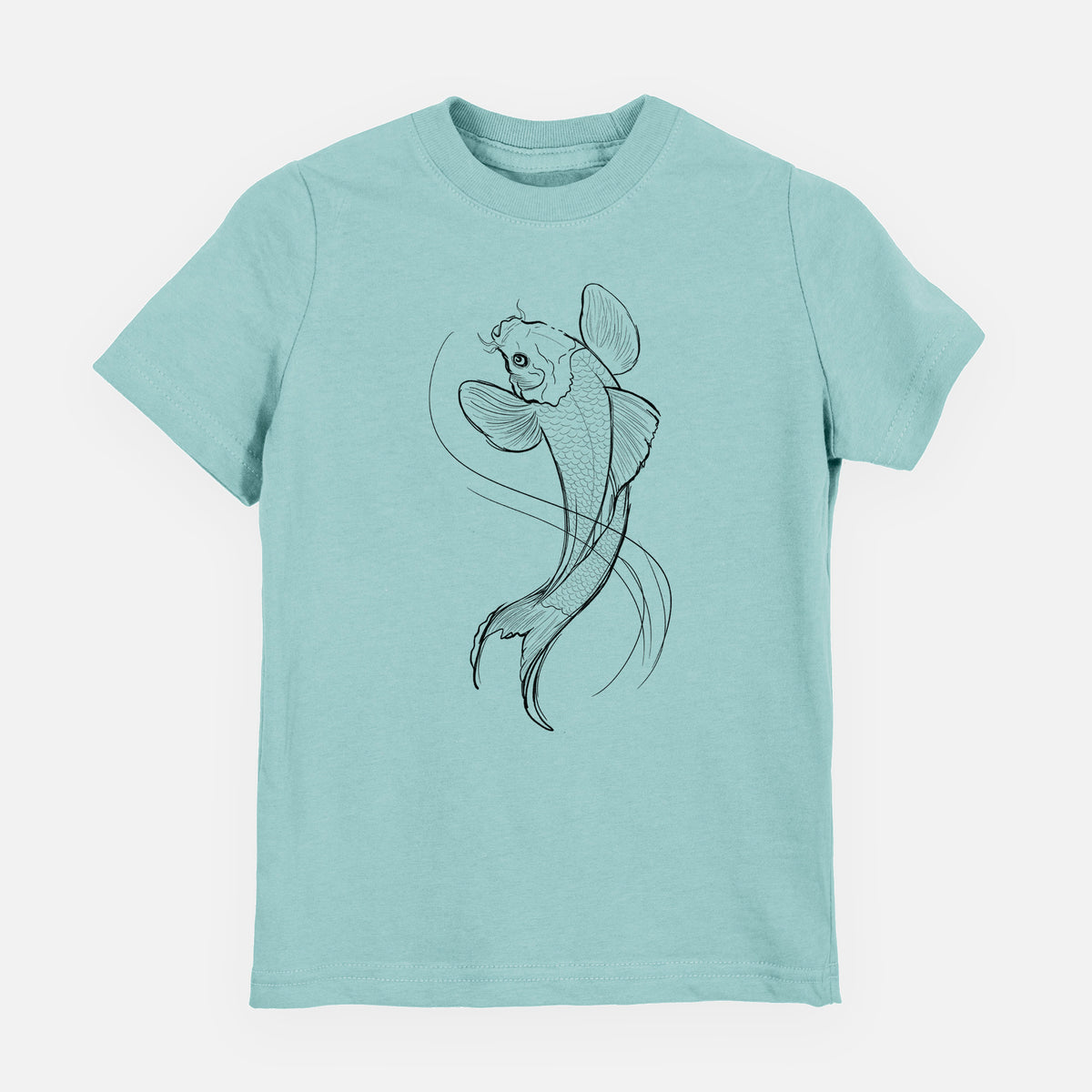 Saltwater youth t-shirt laid flat, printed with a black ink line drawing of a koi fish swimming with flowing fins.