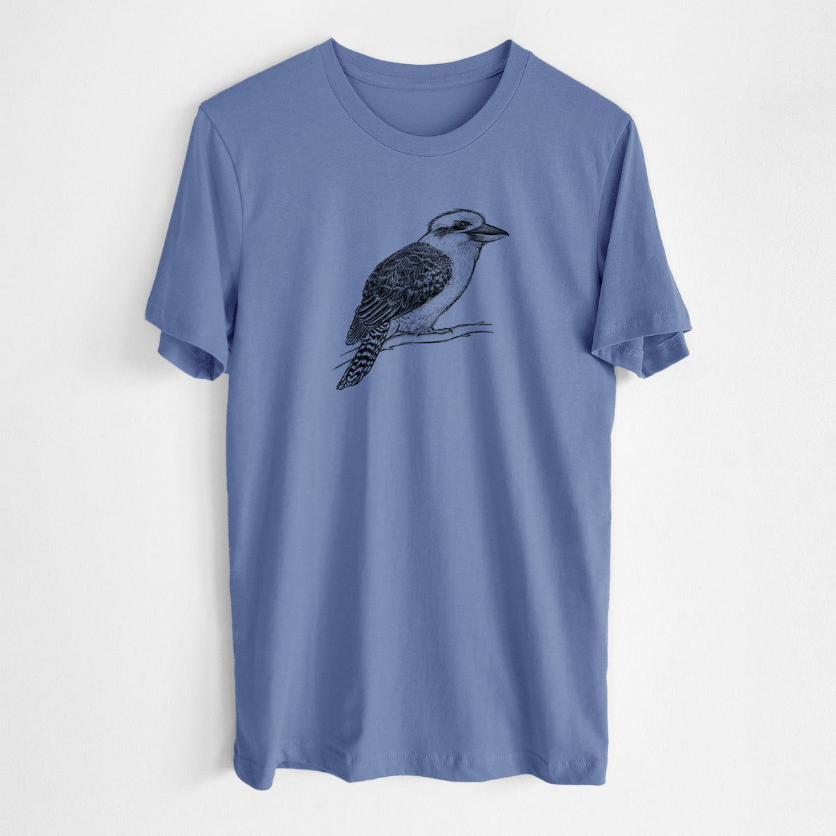 Blue bell lightweight cotton t-shirt laid flat, printed with a detailed black ink sketch of a kookaburra perched on a branch.