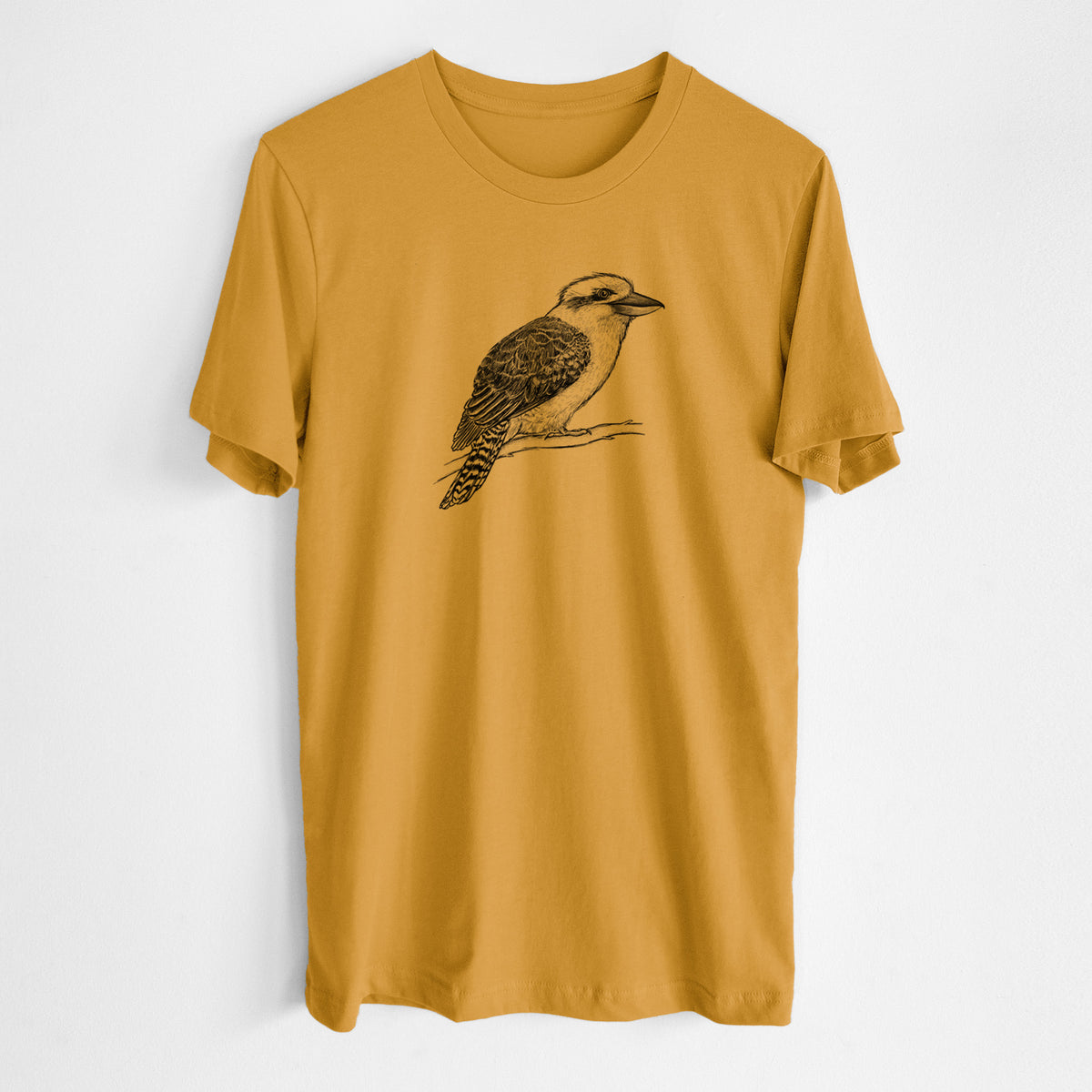 Honeycomb yellow lightweight cotton t-shirt laid flat, printed with a detailed black ink sketch of a kookaburra perched on a branch.