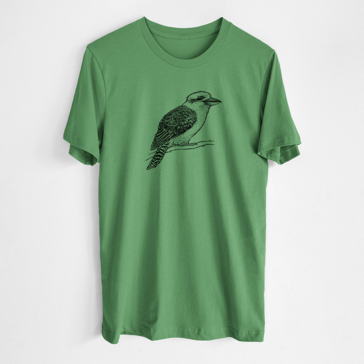Leaf green lightweight cotton t-shirt laid flat, printed with a detailed black ink sketch of a kookaburra perched on a branch.