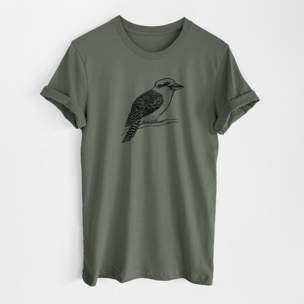 Military green lightweight cotton t-shirt laid flat, printed with a detailed black ink sketch of a kookaburra perched on a branch.