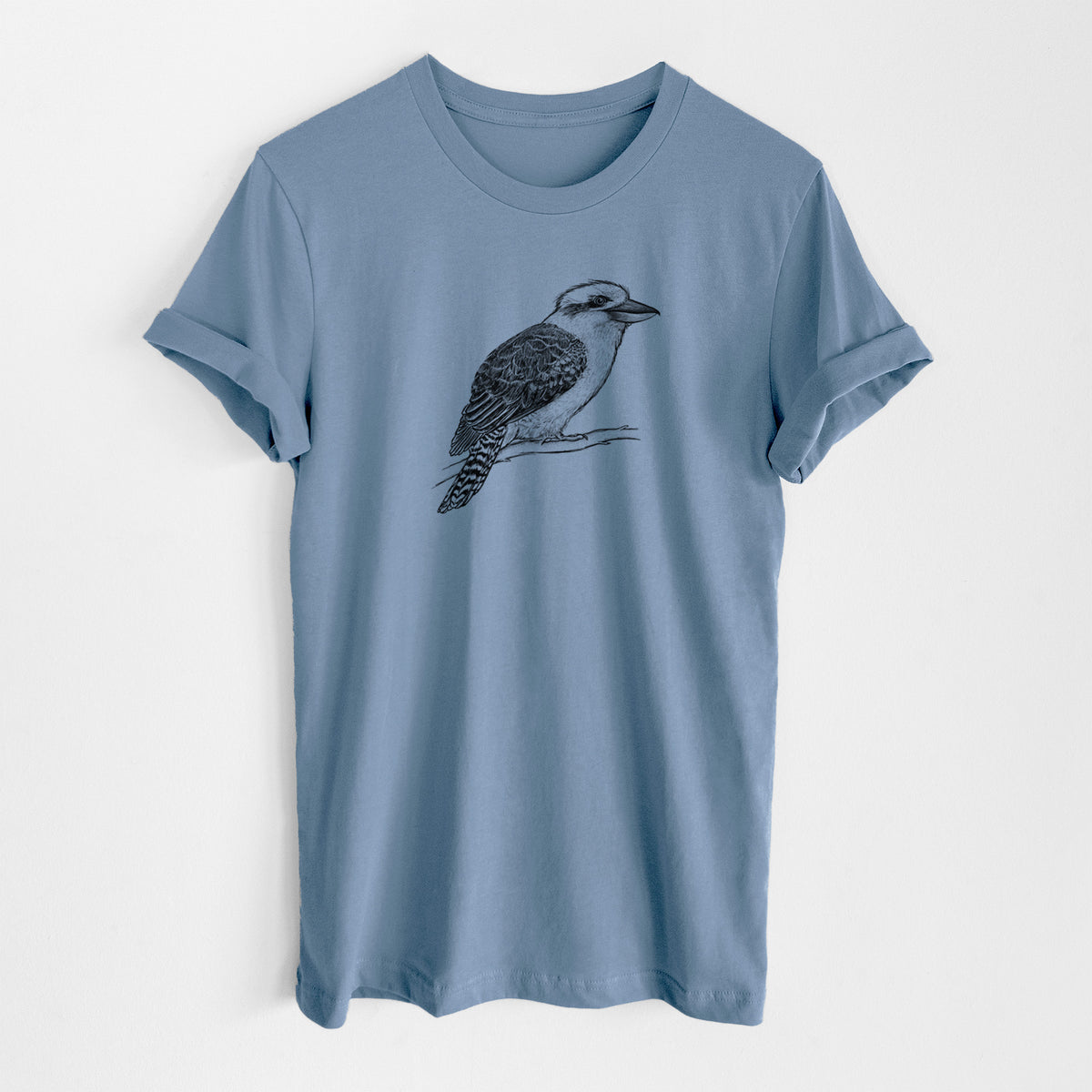 Steel blue lightweight cotton t-shirt laid flat, printed with a detailed black ink sketch of a kookaburra perched on a branch.