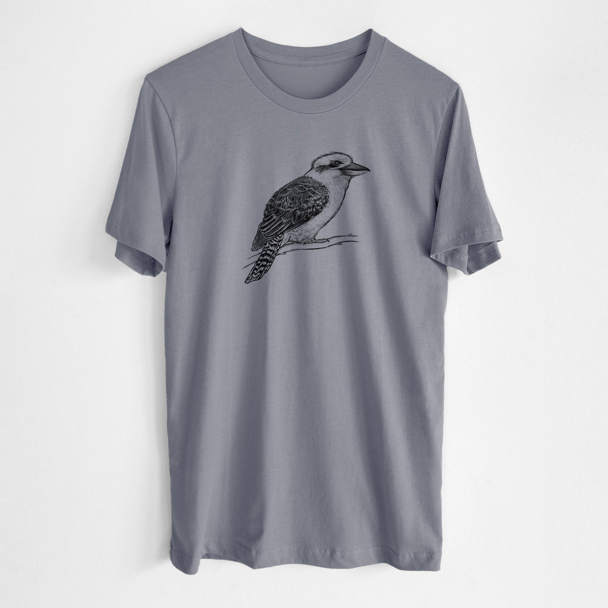 Storm grey lightweight cotton t-shirt laid flat, printed with a detailed black ink sketch of a kookaburra perched on a branch.
