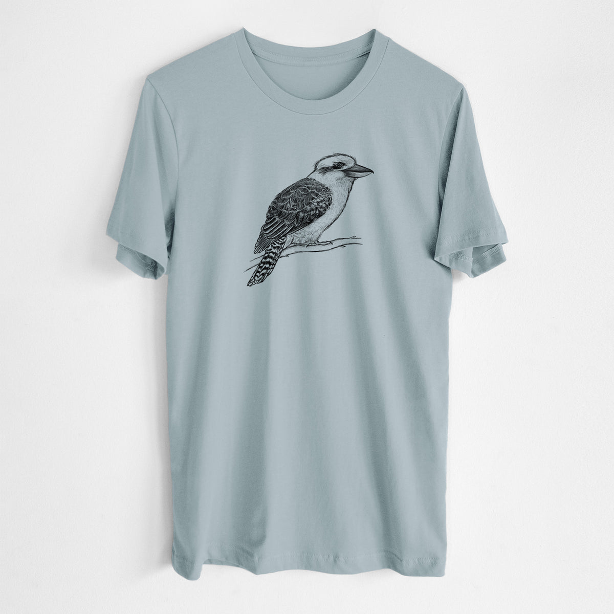 Vintage denim lightweight cotton t-shirt laid flat, printed with a detailed black ink sketch of a kookaburra perched on a branch.